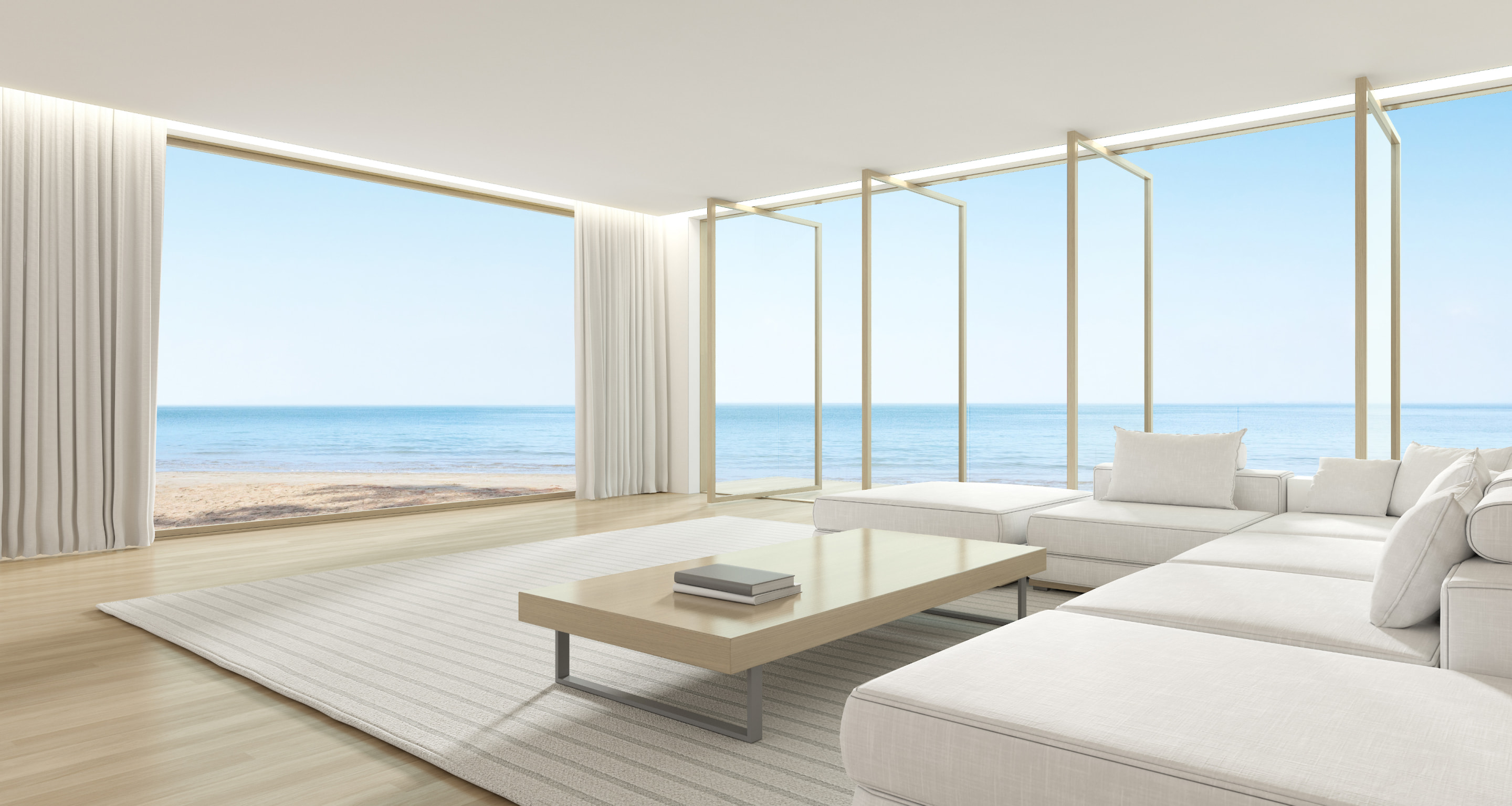 全面に大きな窓を配置した海の見えるリビング